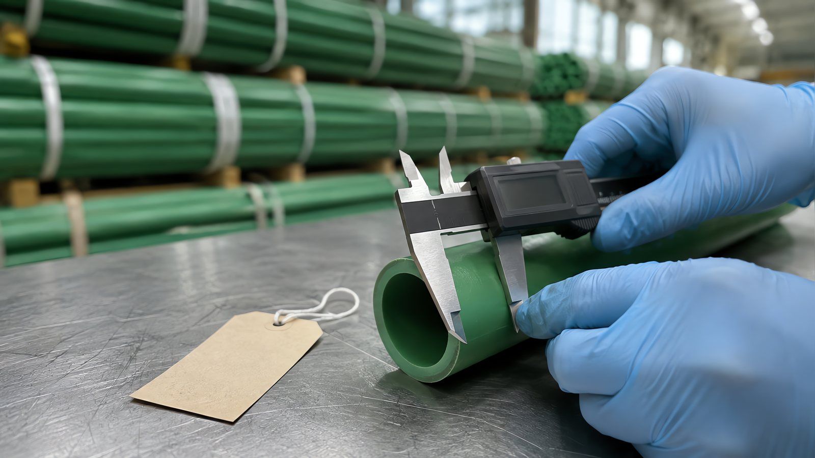 Gloved hands closing a digital caliper on the wall of a cut green PP-R pipe on a workbench beside a blank sample tag, with strapped bundles of pipe behind