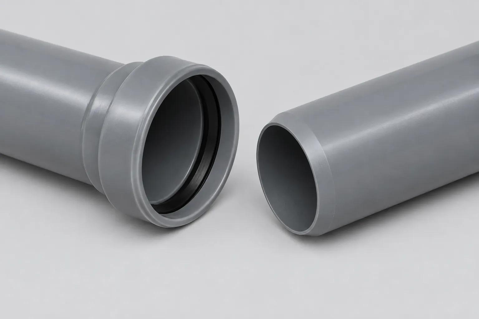Two lengths of plain grey unplasticized PVC drainage pipe on a pale background, one showing an integral belled socket with a black rubber sealing ring seated in its groove, the other a plain chamfered spigot end