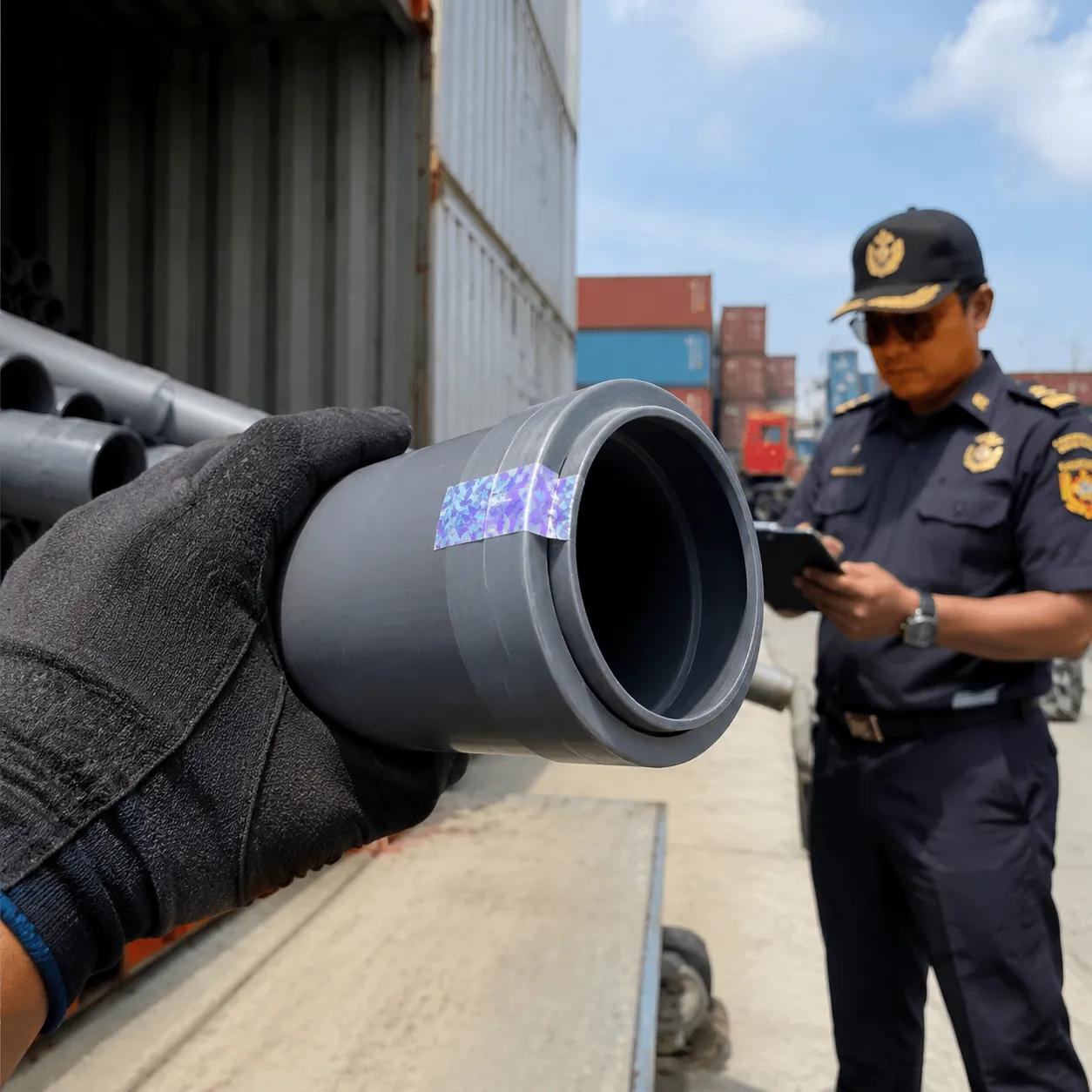 Hyper-realistic product photography, a gloved hand inspecting a plastic pipe at a port container, customs officer in background, pipe with a tamper-evident certification hologram, natural daylight, industrial atmosphere, no text, no brand logo