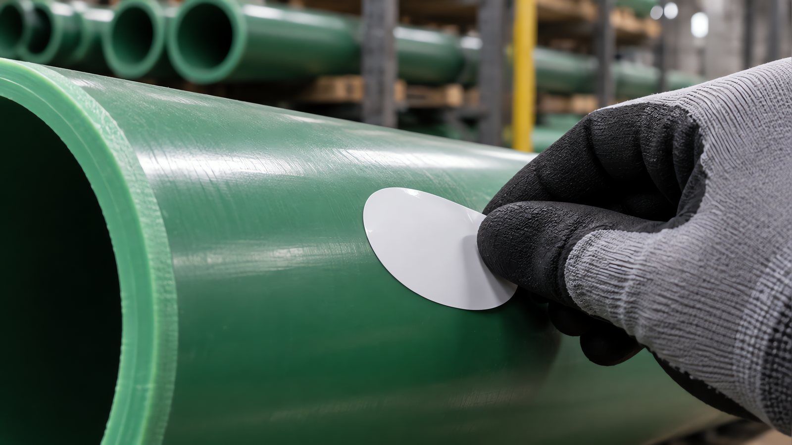A gloved hand pressing a plain blank white oval label onto the smooth green surface of a large-diameter PP-R pressure pipe, with more green pipe stacked in a rack behind