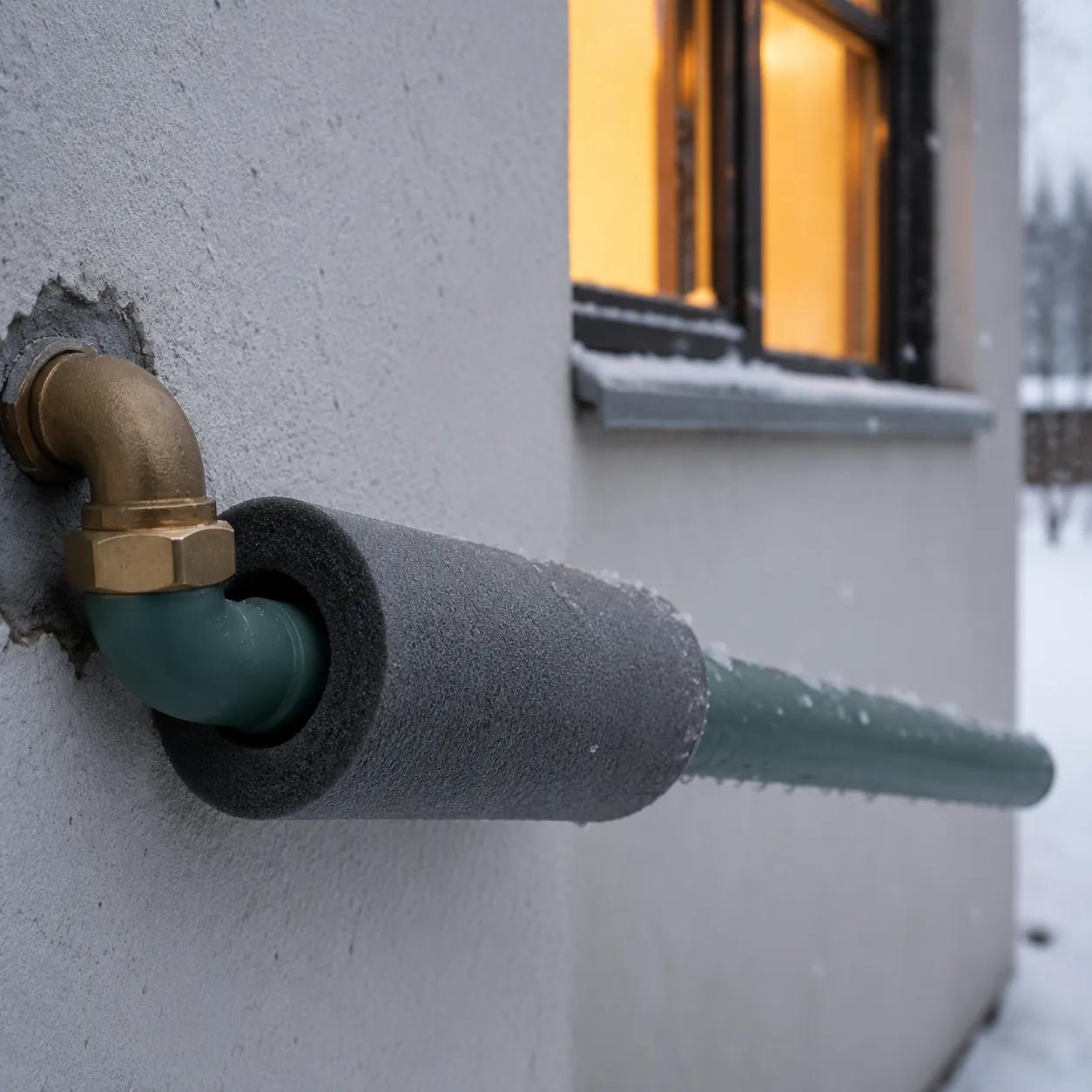 Hyper-realistic photograph of a PPR pipe with 20mm closed-cell foam insulation installed around the first 3 feet from a brass fitting, cold outdoor background with light snowfall, warm amber light from a nearby window, no text, no brand logo, clean composition