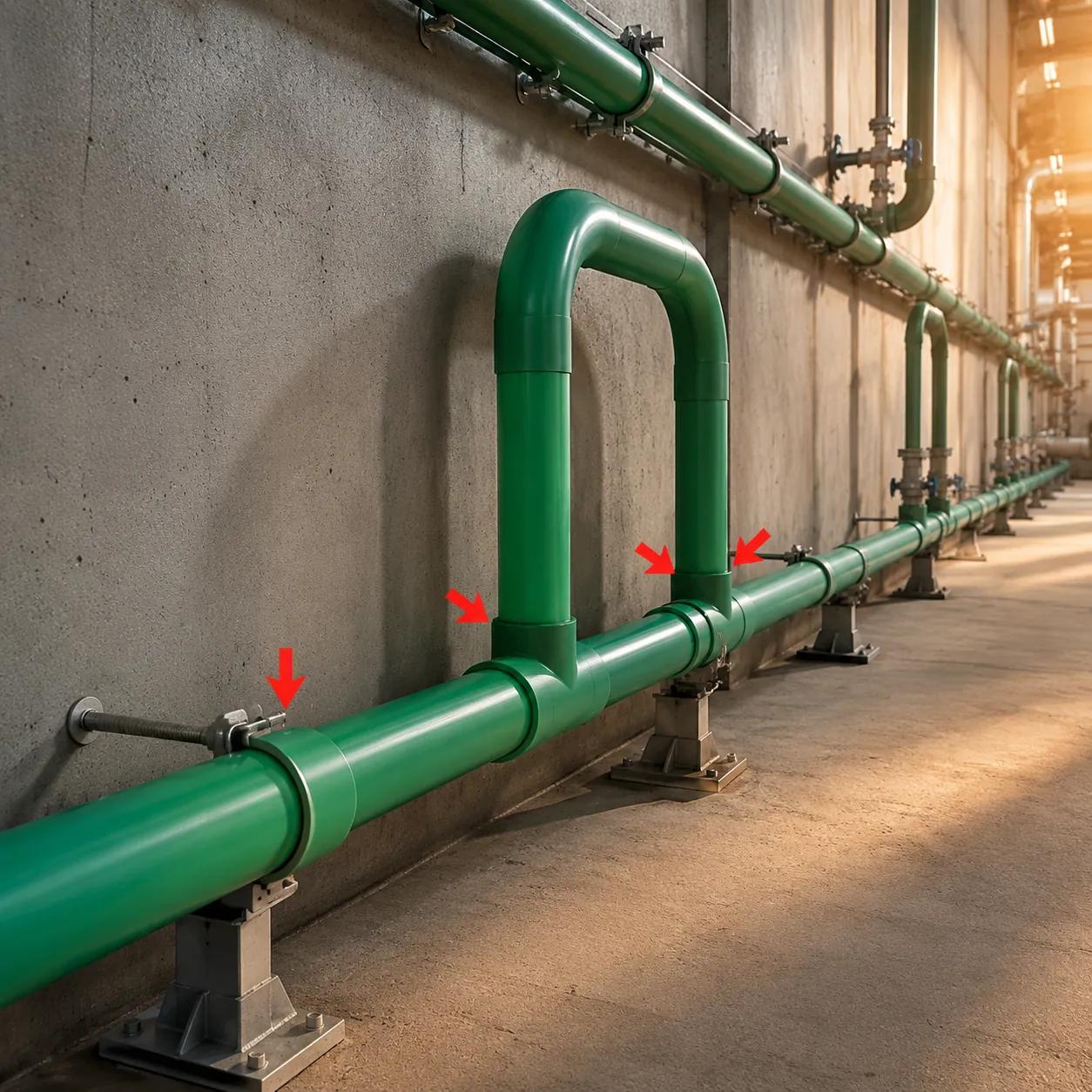 Hyper-realistic product photography, a 20-meter straight PPR pipe system with visible thermal expansion loop, red arrows indicating stress concentration at fusion joints, industrial setting with warm side lighting, clean composition, no text, no brand logo