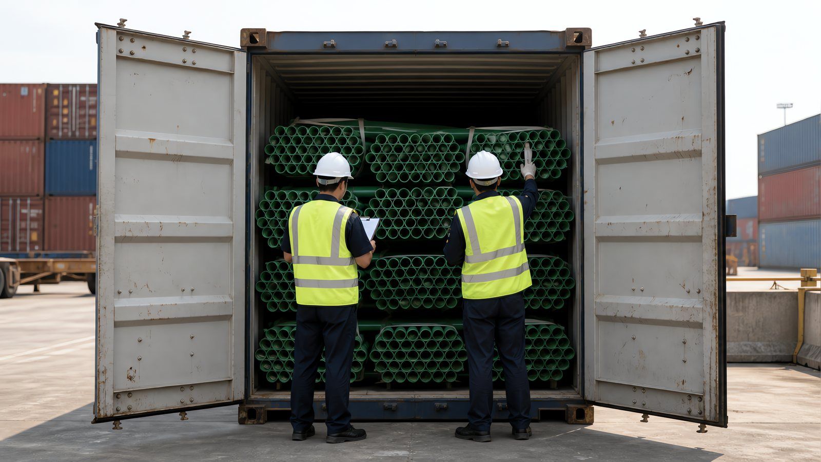 Two officials in high-visibility vests and hard hats examining stacked green plastic pressure pipe inside an opened shipping container at a terminal