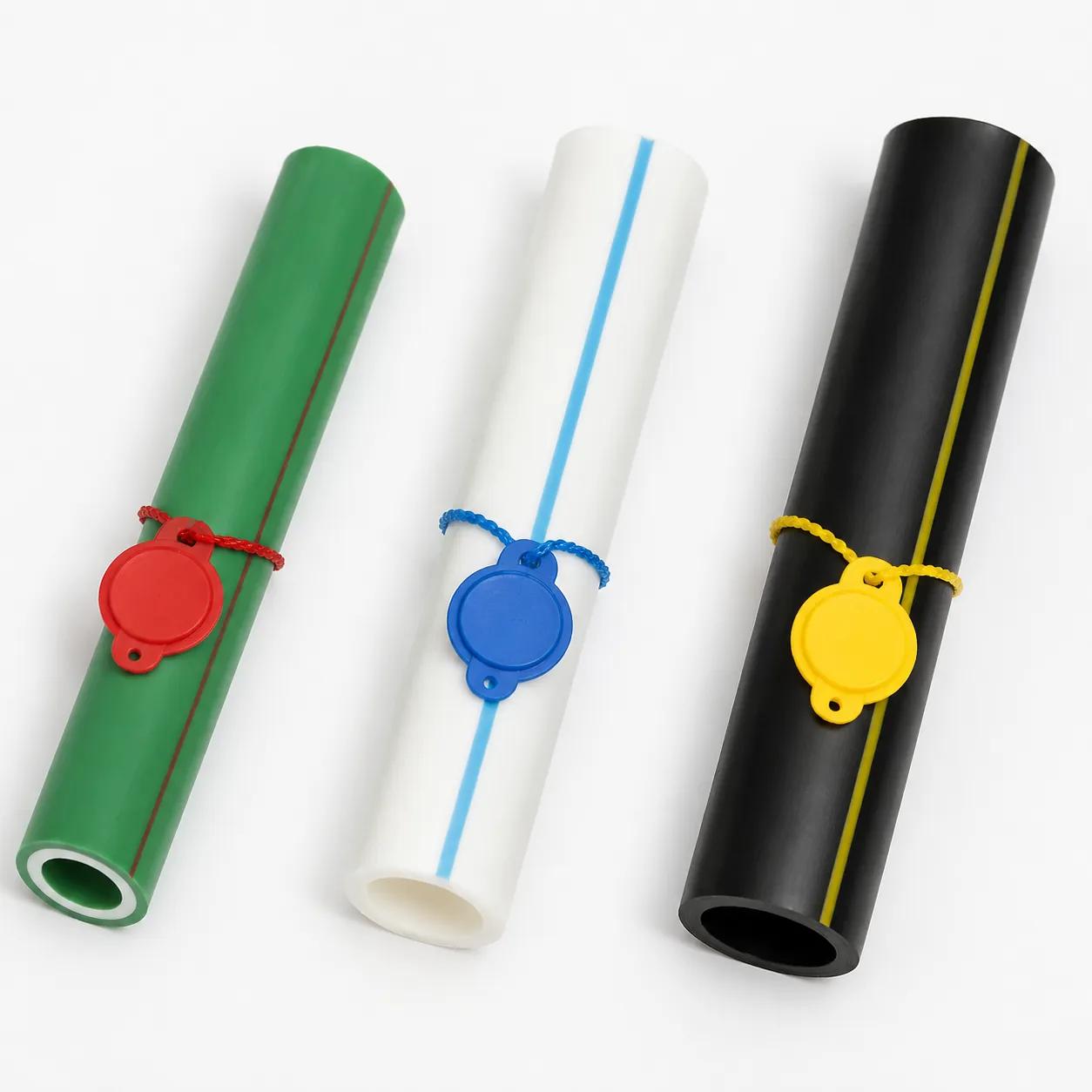 Hyper-realistic product photography, flat lay of three different plastic pipes (PPR, PEX, HDPE) each with distinct colored certification seals, white background, soft diffused lighting, clean composition, no text, no brand logo