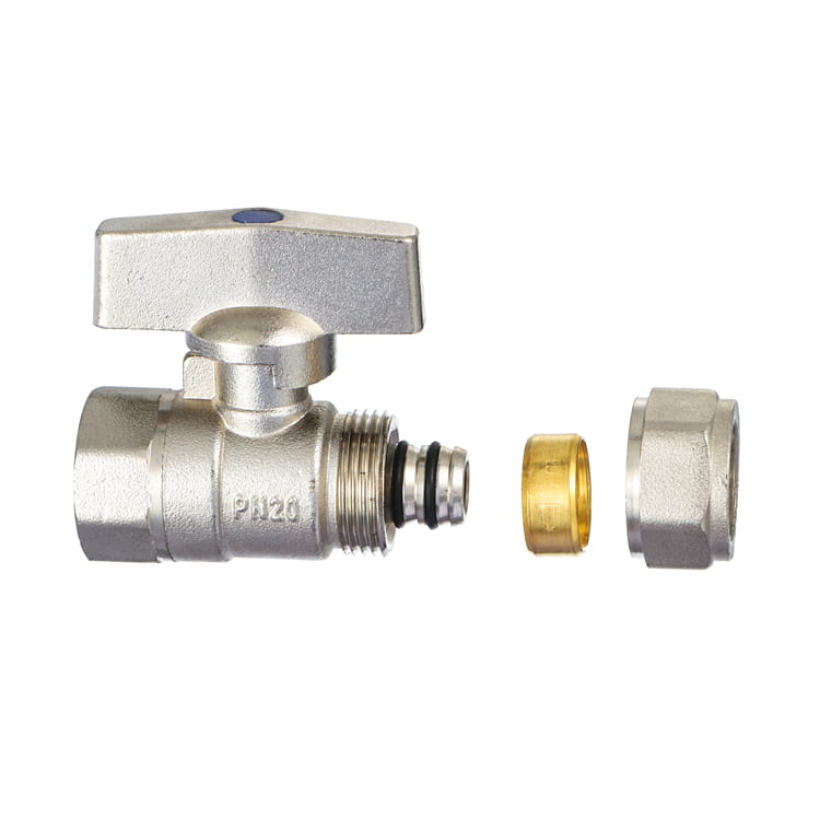Ball valve marked PN20 shown with its compression olive and union nut separated, the connection detail a valve schedule has to state per tier