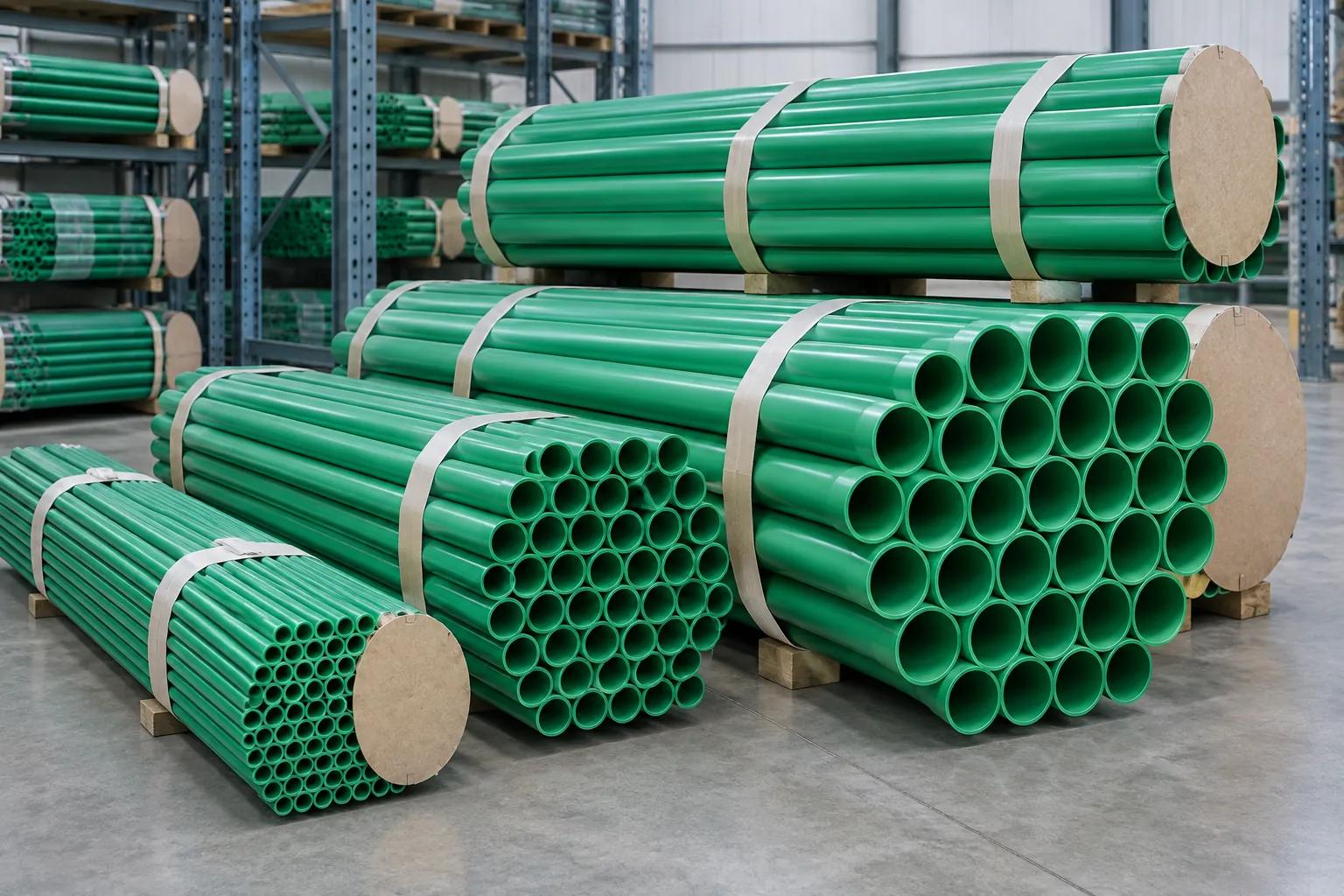 Four strapped bundles of green PP-R pressure pipe in different outside diameters stacked on timber bearers in a warehouse, cut ends facing the camera under plain fibreboard end caps