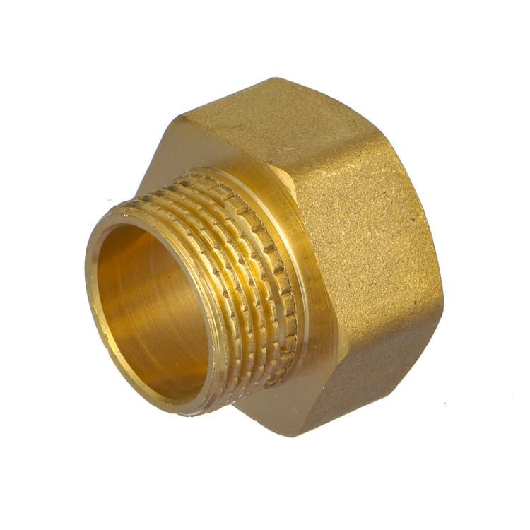 Brass adapter fitting with external male threads on one end and hexagonal wrench flats on the body