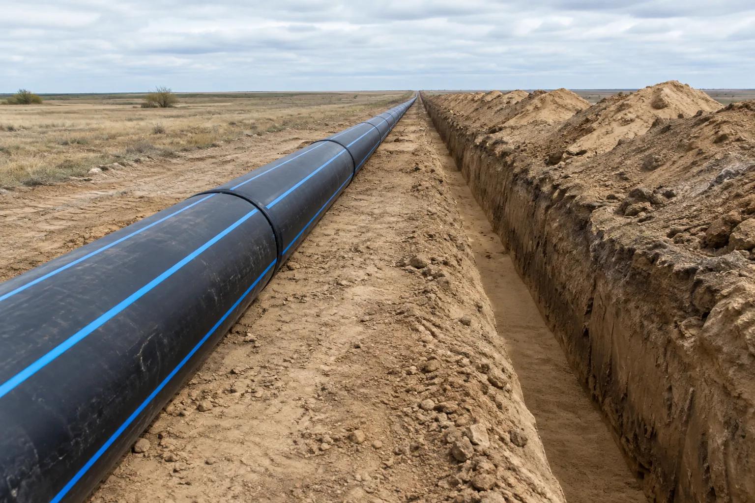 A long butt-fused string of large-diameter black HDPE water main with blue stripes laid out beside an open trench running away to the horizon across dry open country
