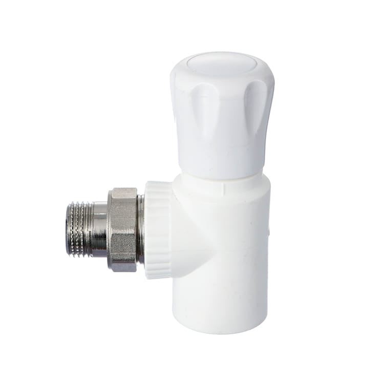PPR angle stop valve with a metal threaded tail and a white plastic handwheel