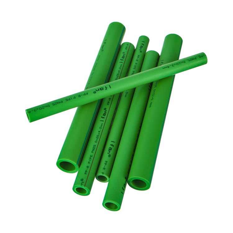 Six lengths of green PP-R pressure pipe in different outside diameters laid across one another on a plain white background