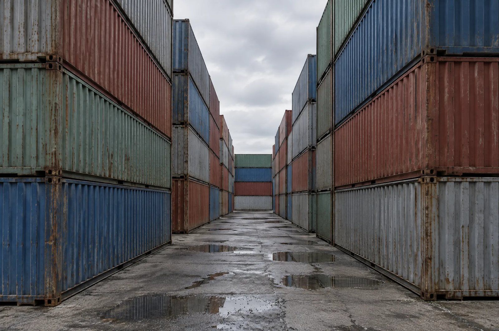 A narrow aisle between two walls of weathered shipping containers stacked four high in a port storage yard, wet cracked concrete underfoot