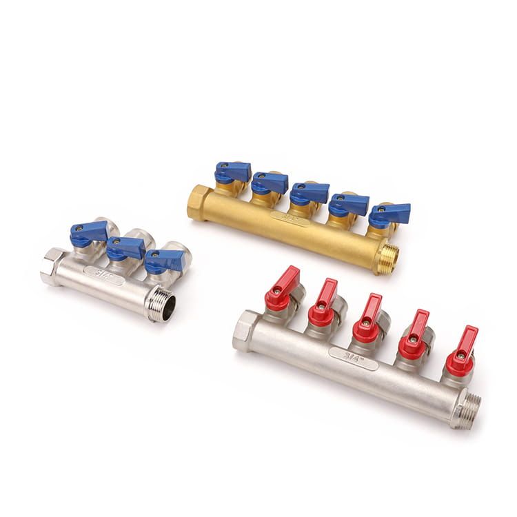 Brass and nickel-plated water distribution manifolds with three and five integral ball-valve outlets, colour-coded blue and red for cold and hot branches