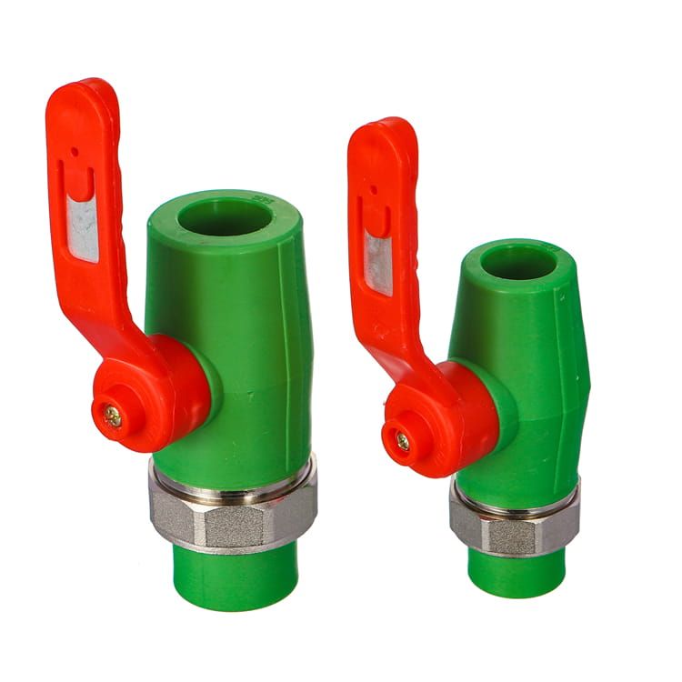 Two green PPR valves in different socket sizes shown side by side with red lever handles