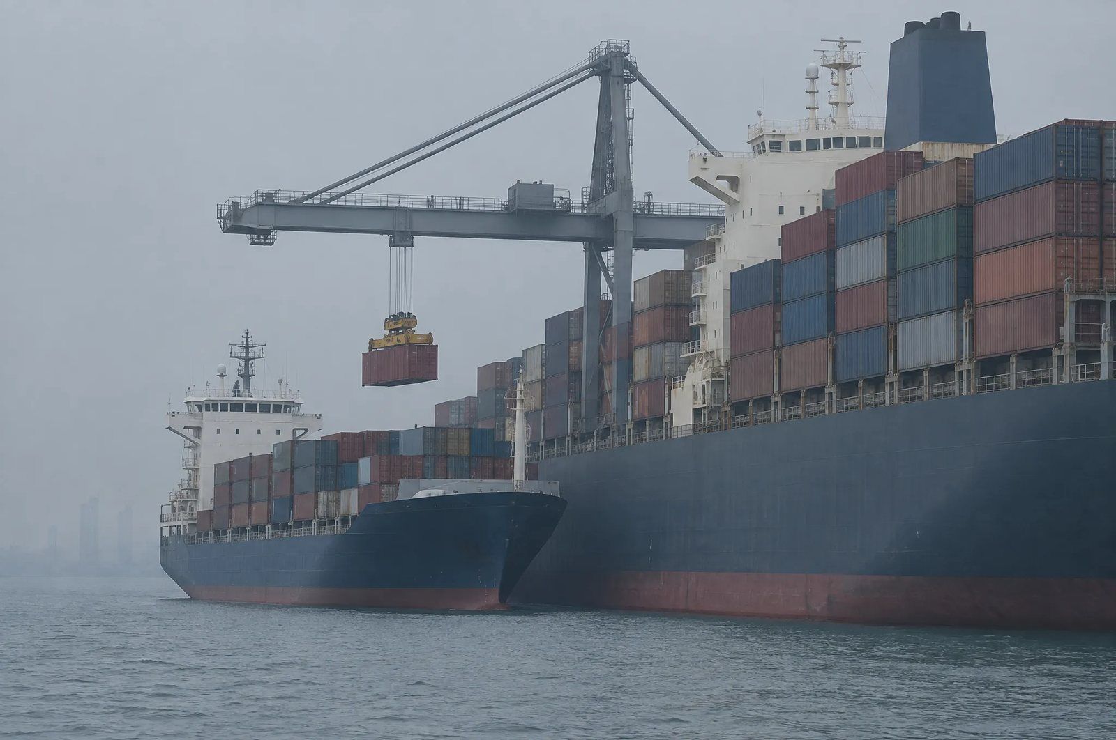 A small feeder container vessel moored alongside a much larger deep-sea container ship in hazy light, a single container suspended from a crane between the two decks