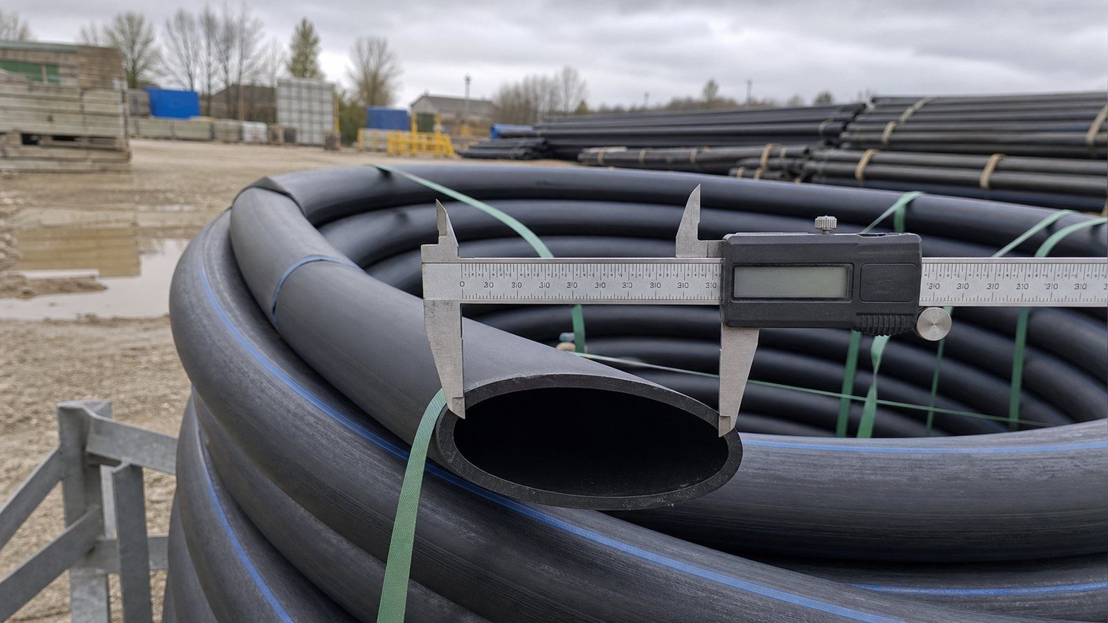 Digital caliper measuring out-of-roundness across the cut end of a coiled HDPE pipe before electrofusion