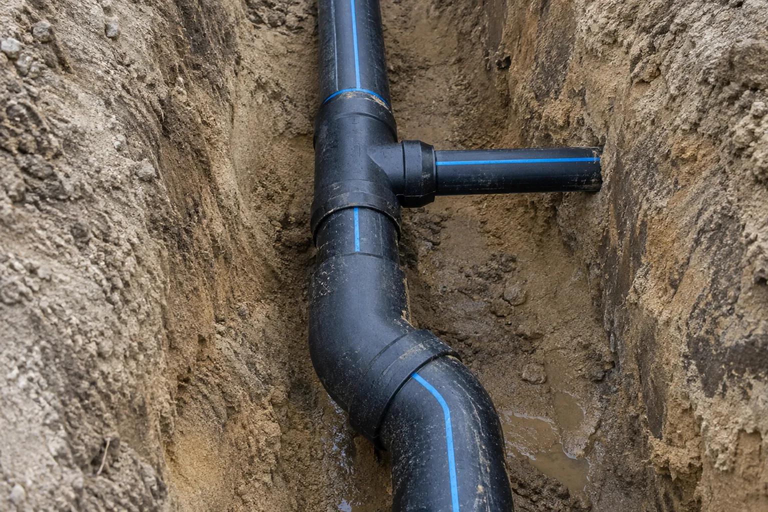 Black HDPE water main in an open trench, interrupted by a moulded ninety-degree bend and a branch tee taking a smaller pipe off to one side
