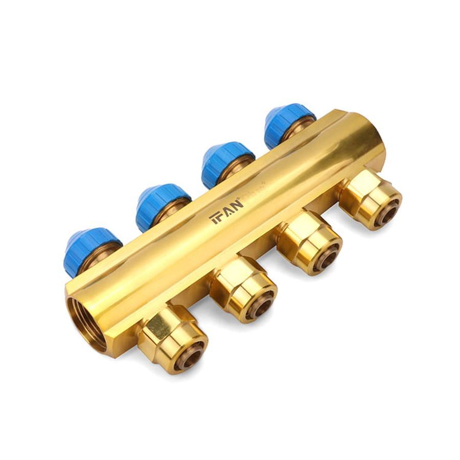 IFAN-branded brass manifold with four outlets and compression collars