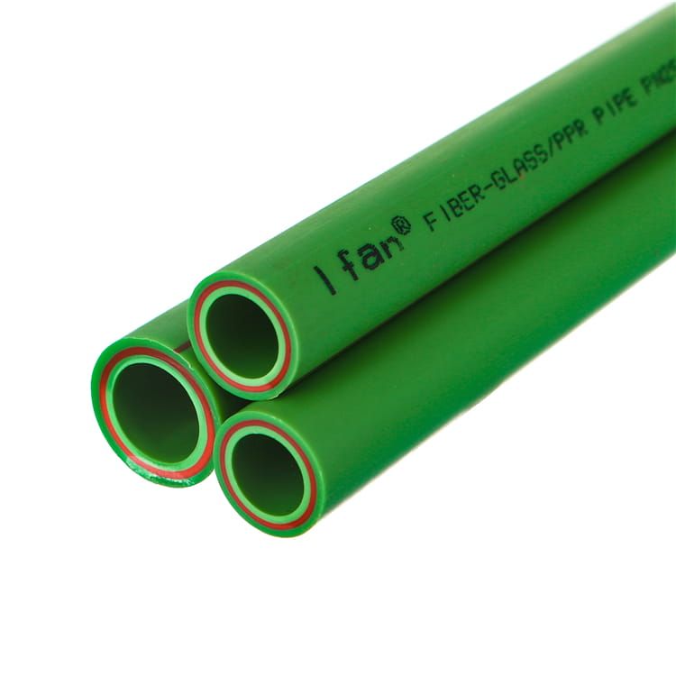 PPR pipe print line reading material designation and pipe type along the length of green fibre-reinforced pipe