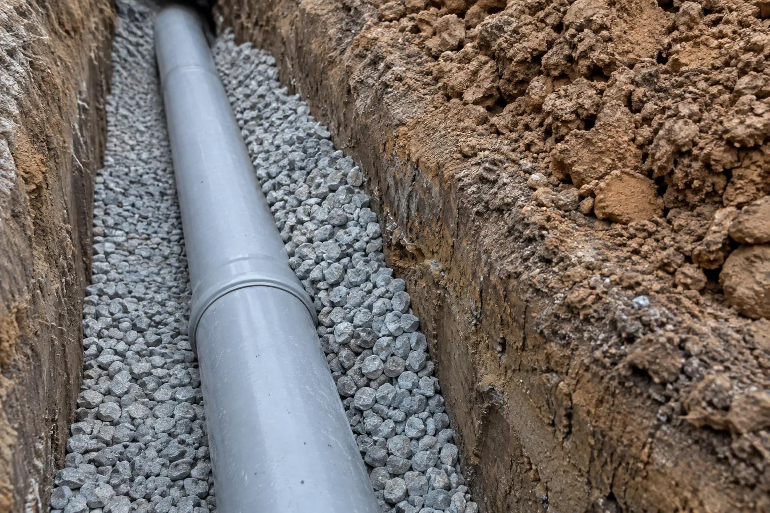 Grey drainage pipe bedded on clean single-sized angular crushed stone in a narrow trench, with a wall of unsorted brown clay spoil alongside