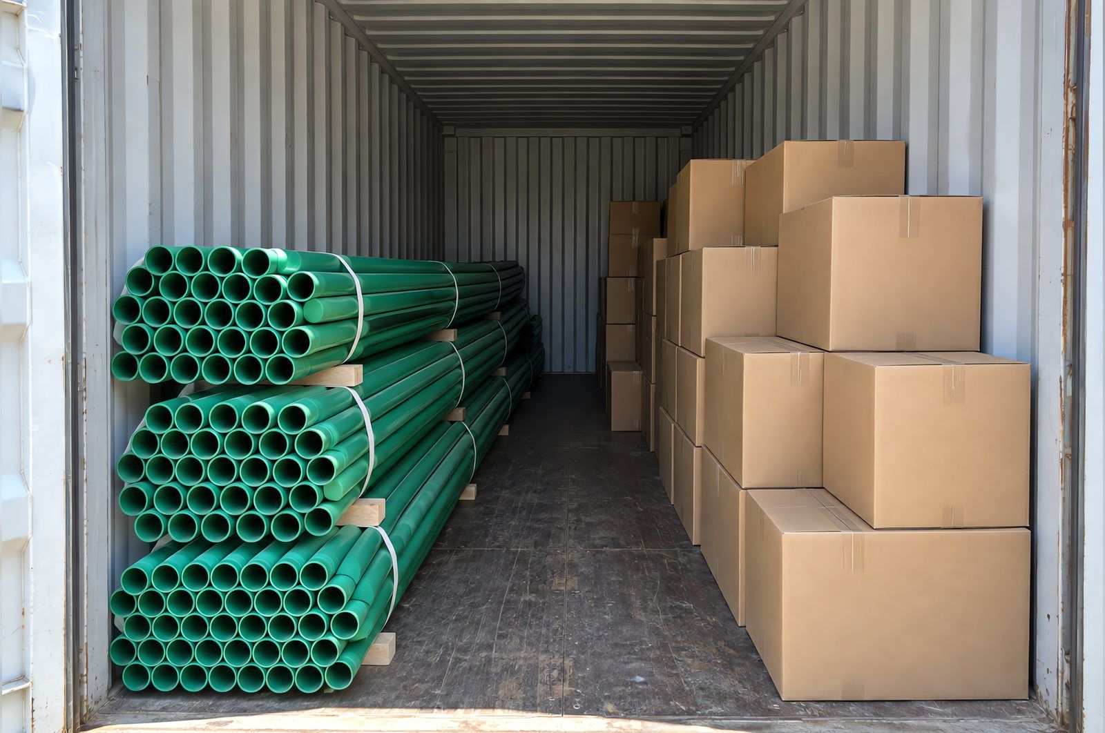 The interior of a half-loaded shipping container seen from the open doors, strapped bundles of green PP-R pressure pipe stacked along one side and plain cardboard cartons of fittings along the other