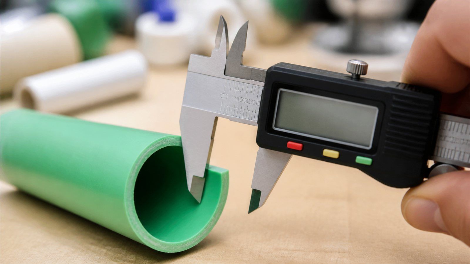 Digital caliper measuring the wall thickness of a cut PP-R pipe section against the ISO 15874-2 minimum