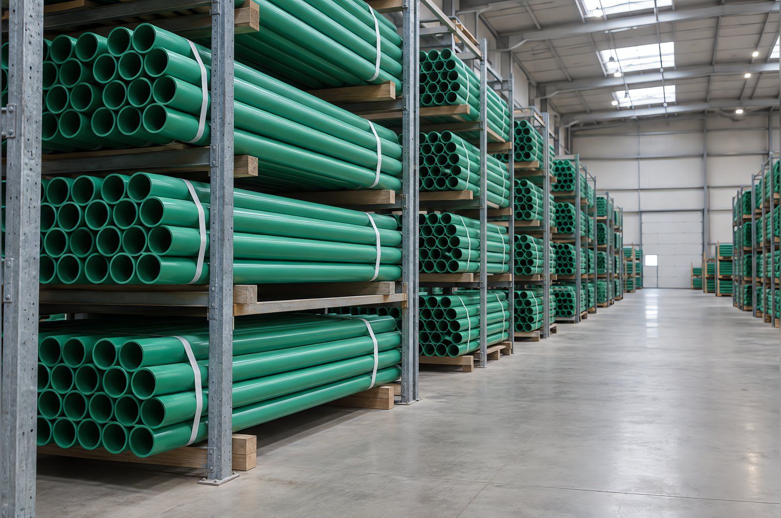 Racks of strapped green PP-R pressure pipe bundles in a distribution warehouse, sorted by diameter under high-bay roof lights