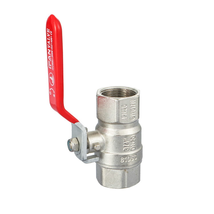 Close view of a brass ball valve body cast with PN25, CW617N, DN20 and 3/4, with a red lever above it