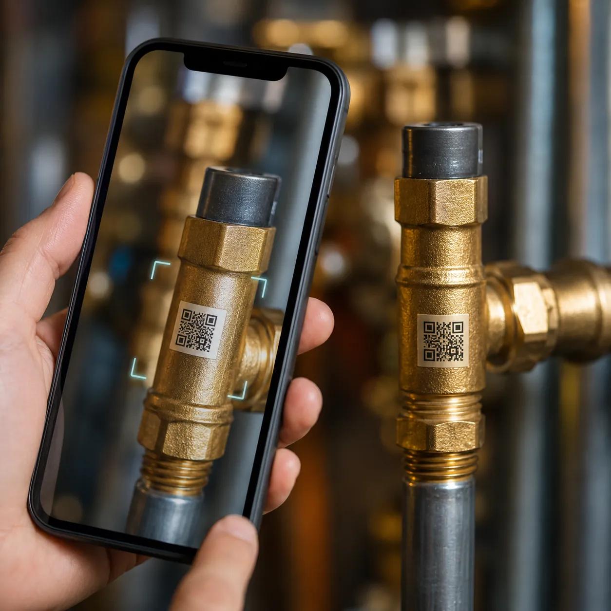 Hyper-realistic product photography, hand holding a smartphone scanning a QR code on a brass pipe fitting, macro shot, bokeh background, professional lighting, no text, no brand logo