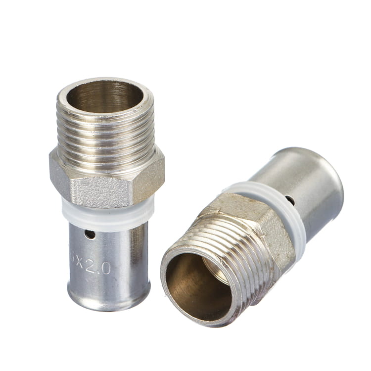 Two straight metal adaptors with external threads and press sleeves