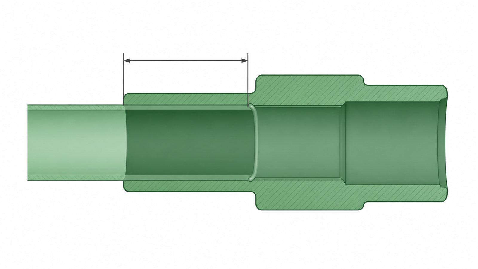 Cutaway illustration of a PP-R socket fusion joint showing the length of pipe seated inside the fitting socket, marked with a dimension arrow