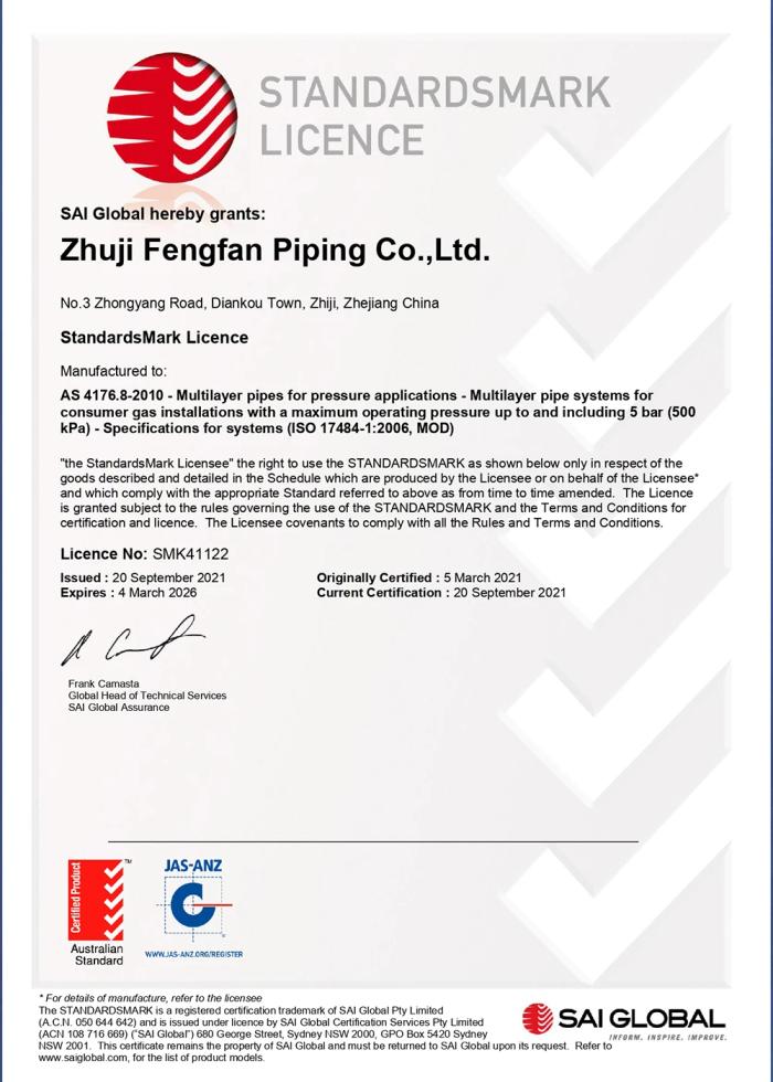 SAI Global StandardsMark Licence naming the manufacturer's legal entity and address, the AS 4176.8 standard, licence number SMK41122, and its issue and expiry dates
