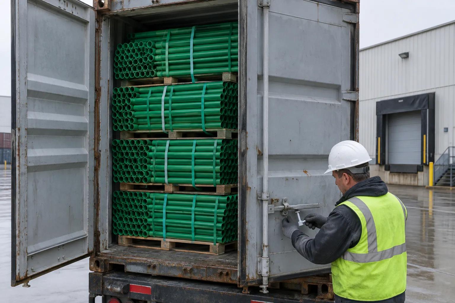 A worker in a high-visibility vest setting a plain bolt seal through the locking bar of an unmarked shipping container loaded with palletised bundles of green plastic pipe at a factory dock