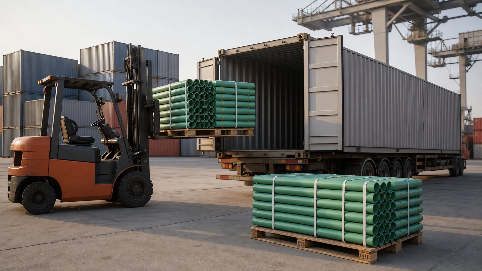 A forklift lifting a strapped pallet of green plastic pressure pipe into the open rear doors of an unmarked forty-foot container on a terminal quay, a second pallet waiting in the foreground