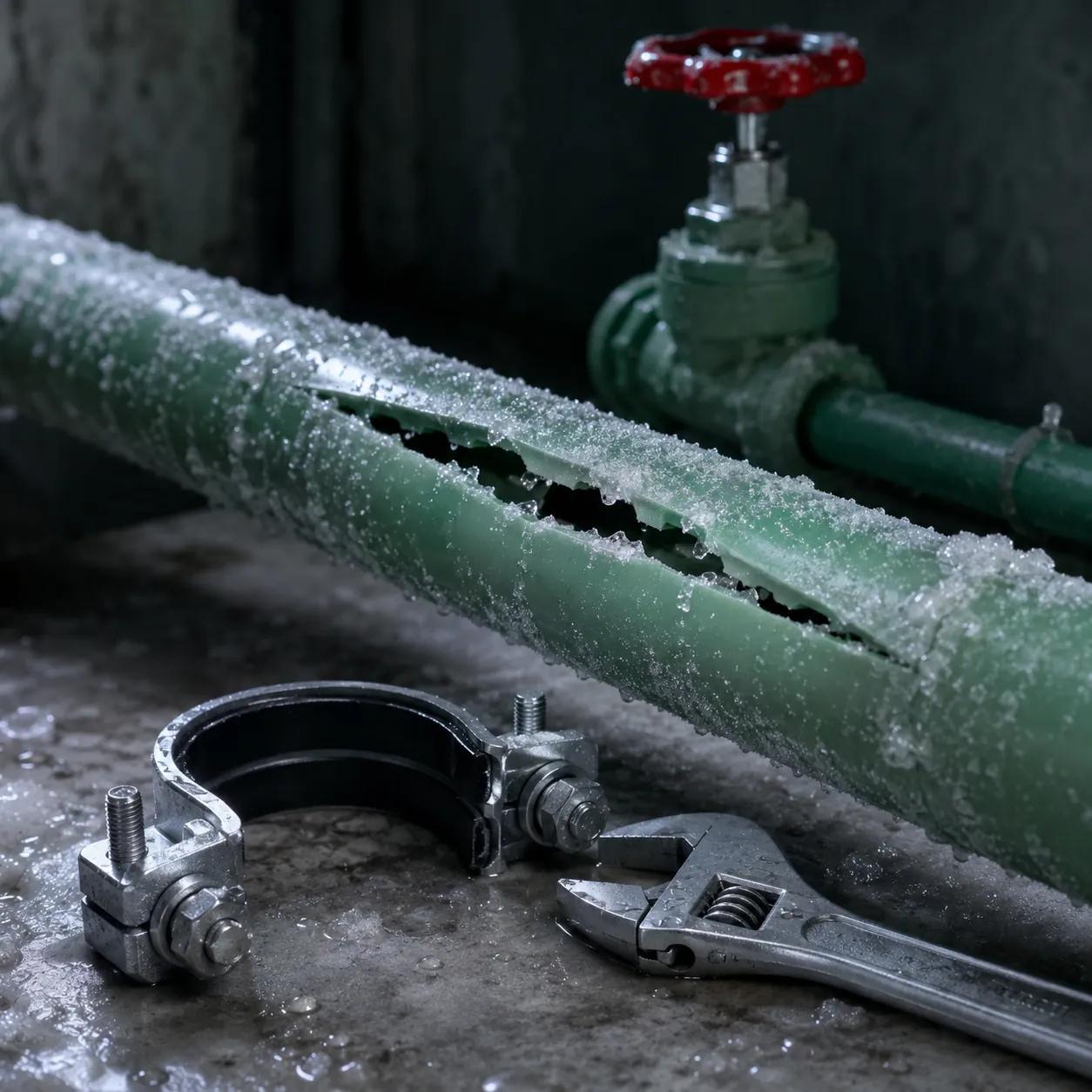 Hyper-realistic photograph of a PPR pipe with a longitudinal burst crack, a shut-off valve in the background, a repair clamp and wrench on a workbench, frost on the pipe, dim emergency lighting, no text, no brand logo, clean composition