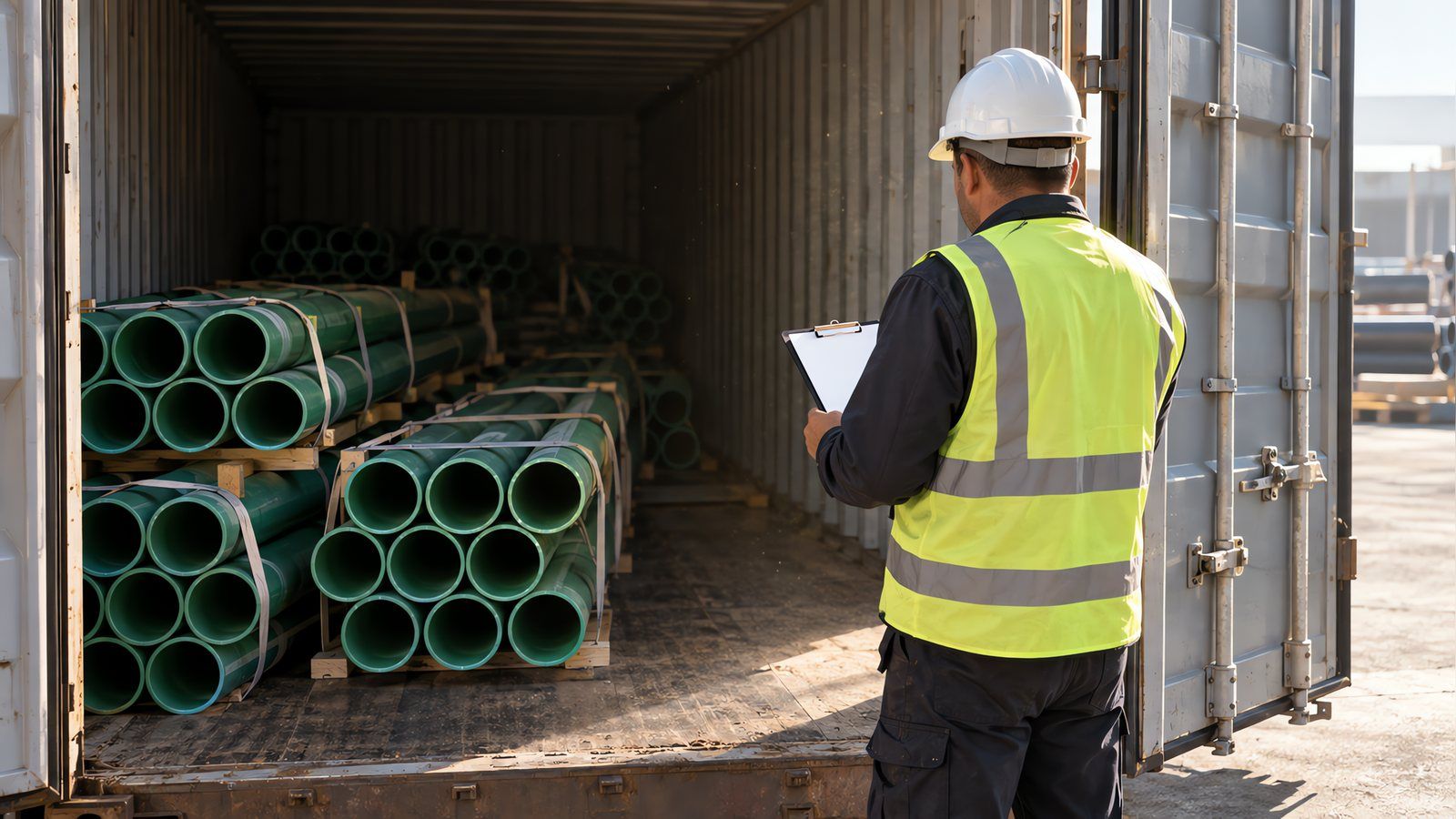 A worker in a high-visibility vest and hard hat standing at the open rear doors of a shipping container half loaded with strapped bundles of green PP-R pressure pipe, a blank clipboard in hand