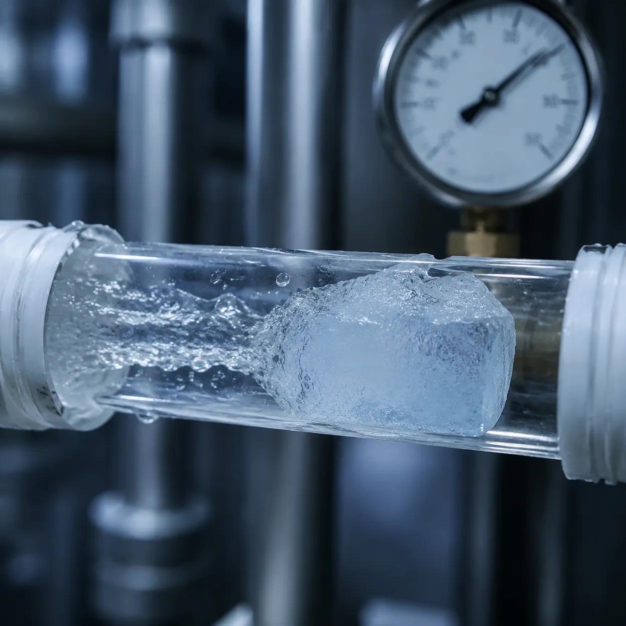 Hyper-realistic photograph of a transparent PPR pipe section partially blocked by an ice plug, water flowing past the ice, pressure gauge in background indicating high pressure, cool blue lighting, scientific style, no text, no brand logo