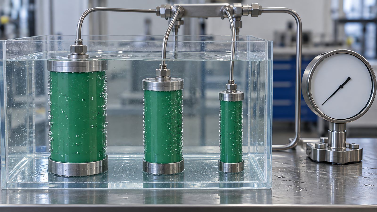 Three capped green PP-R pipe specimens of different diameters submerged in a clear water bath and connected to a hydraulic manifold, with a plain pressure gauge on the bench beside them