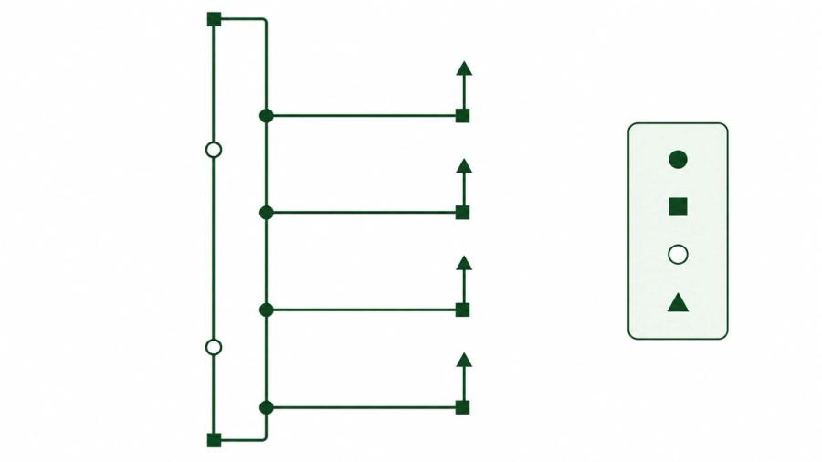 Schematic of a vertical riser with four branch take-offs, tee junctions marked as filled circles, elbows as filled squares and two inline valves as open circles