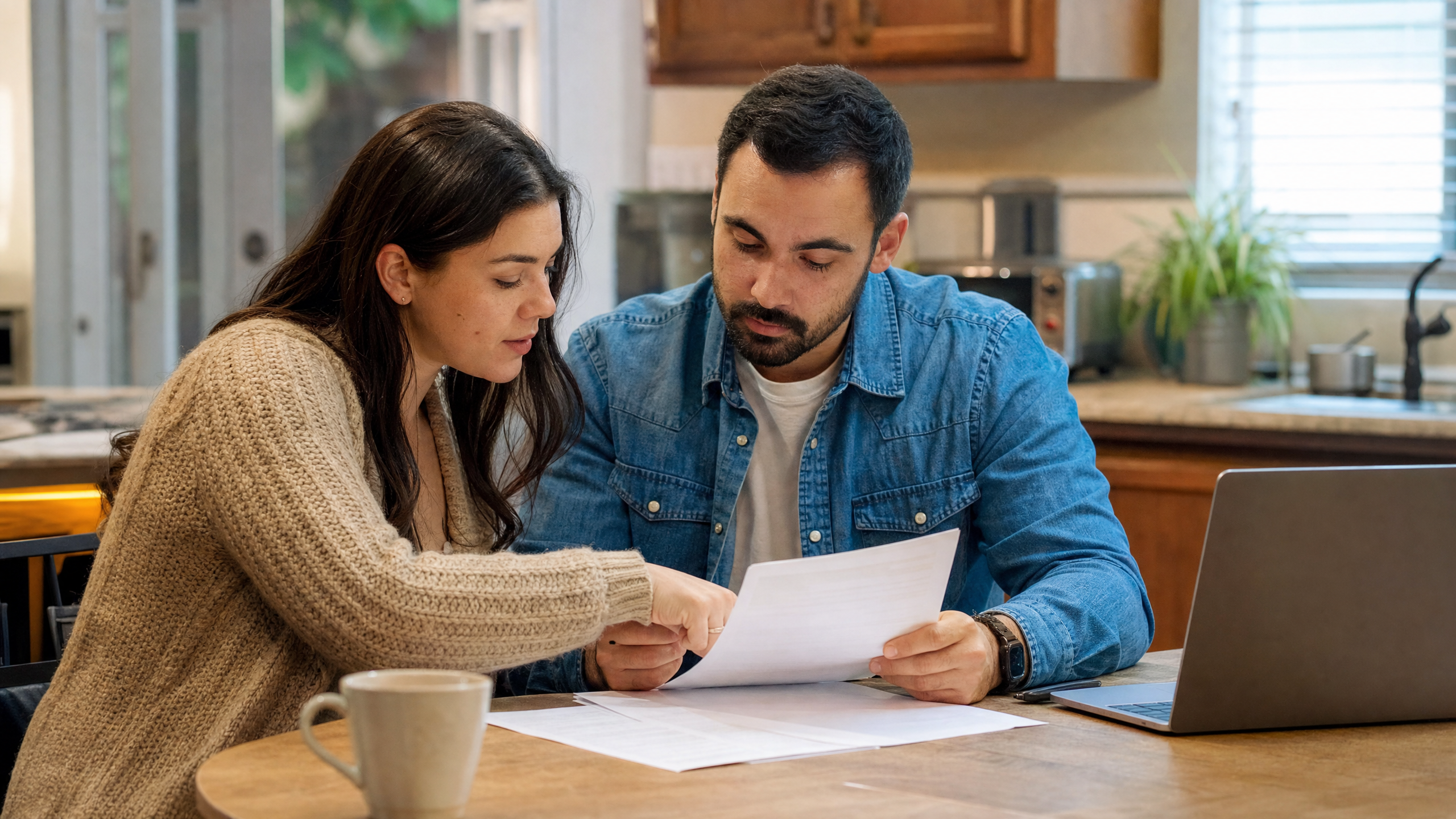 Couple reviewing USAA Car Replacement Assistance coverage documents at home