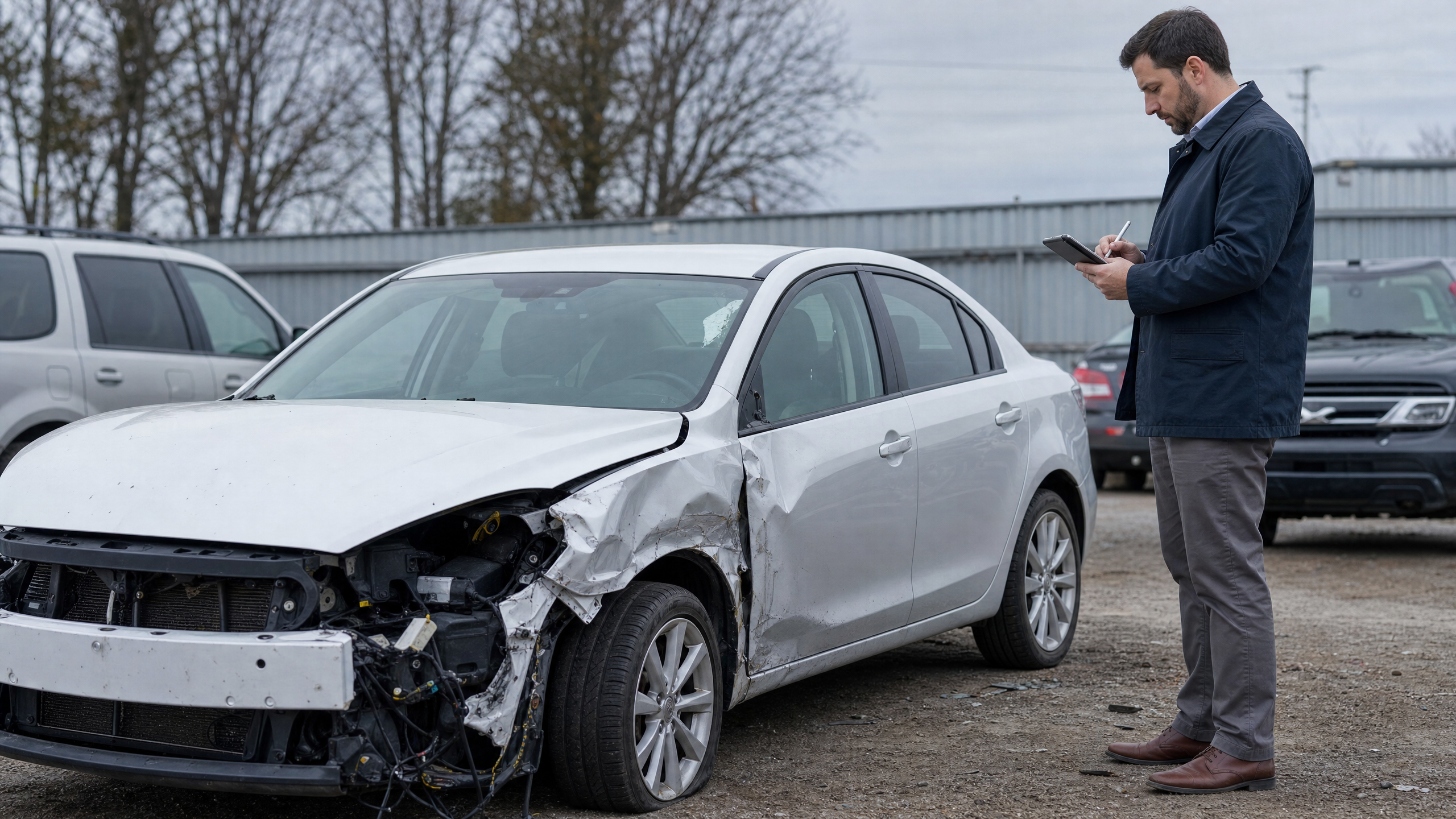 Independent auto appraiser inspecting totaled vehicle at tow yard to dispute USAA settlement