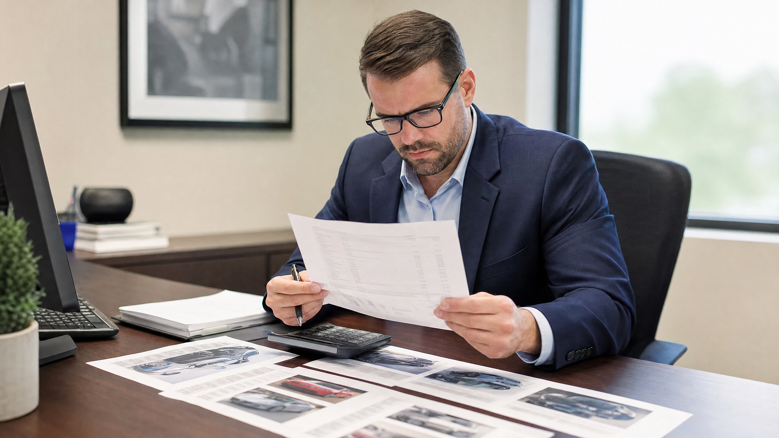 Professional reviewing USAA total loss settlement valuation report with comparable vehicle printouts