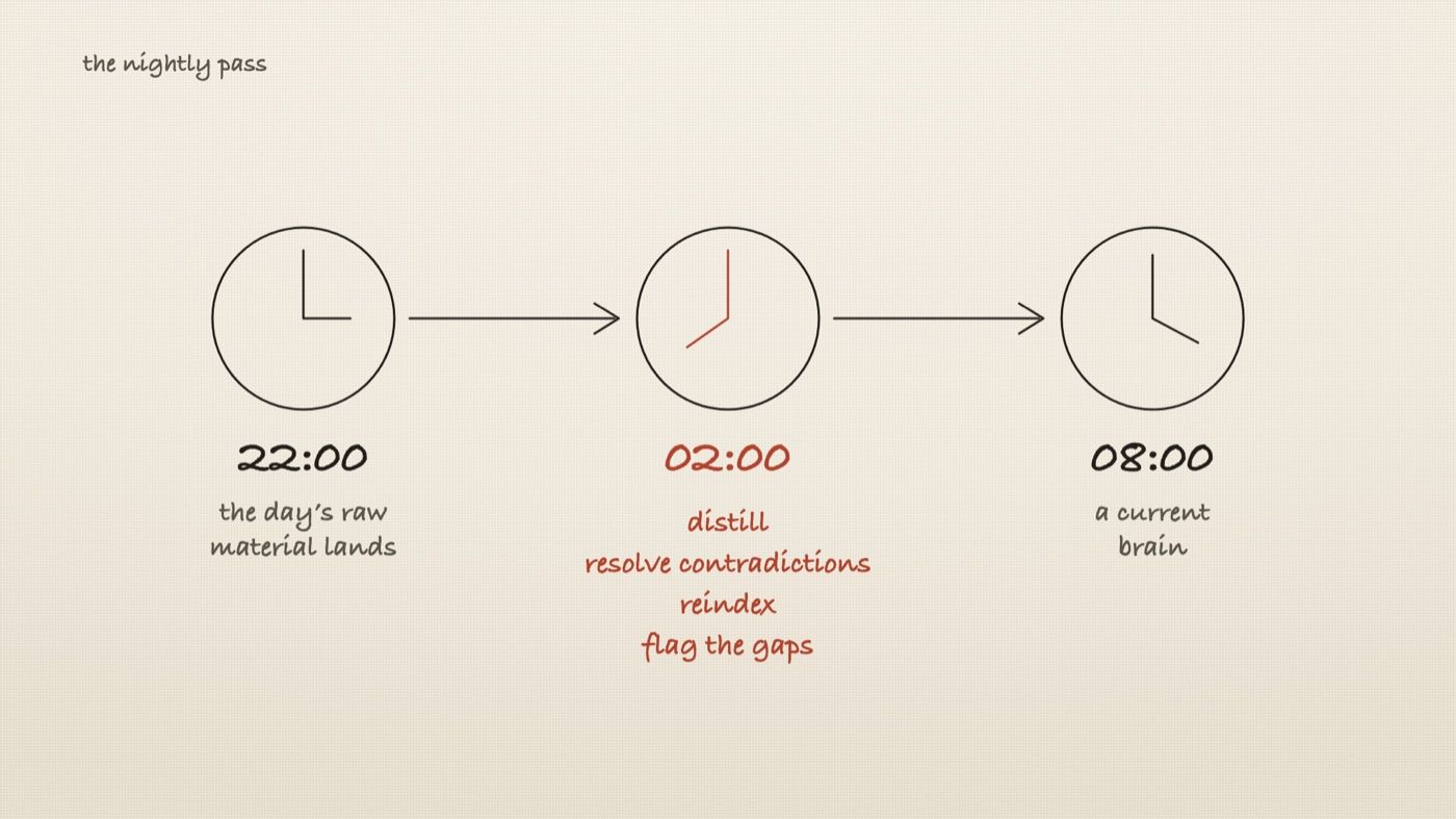 A clock sweeping from 22:00 to 02:00 to 08:00, with four verbs written beneath the middle mark