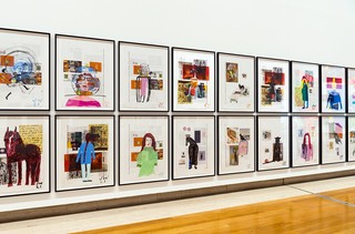 Jenny Watson, Australia b.1951 / Private views and rear visions 2021–22 / Synthetic polymer paint on found digital prints on paper / 48 sheets: 102 x 72cm (sheet) / Courtesy: Jenny Watson