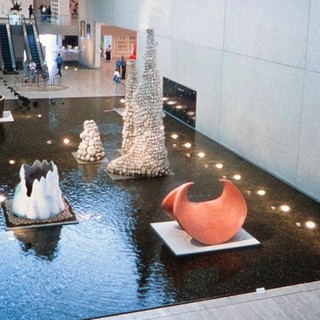 The Waka Collective featuring (left to right) My grandmother was born on a boat 1996 by Bronwynne Cornish, Pumice from the mountains 1993 by Chris Booth, and Kahukura 1995 by Brett Graham