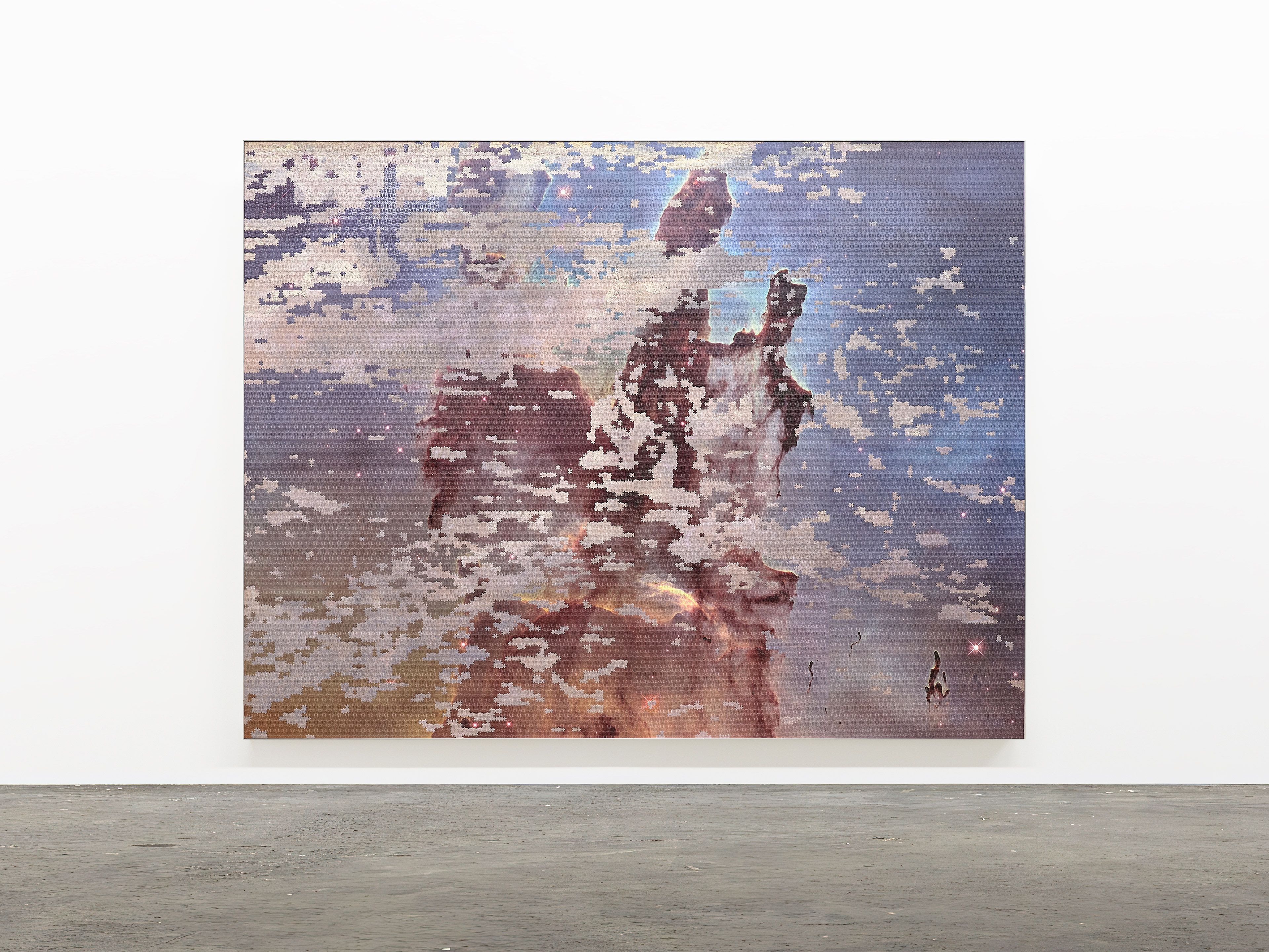 Zac Langdon-Pole / Aotearoa New Zealand, b.1988 / Installation view of The Dog God Cycle 2022 / Recombined jigsaw puzzles: NASA, ESA, CSA, and STScI, Pillars of Creation (1995/2014); John Constable, Cloud Study (1822) / 301 x 393 x 4cm / © Zac Langdon-Pole / Image courtesy: The artist