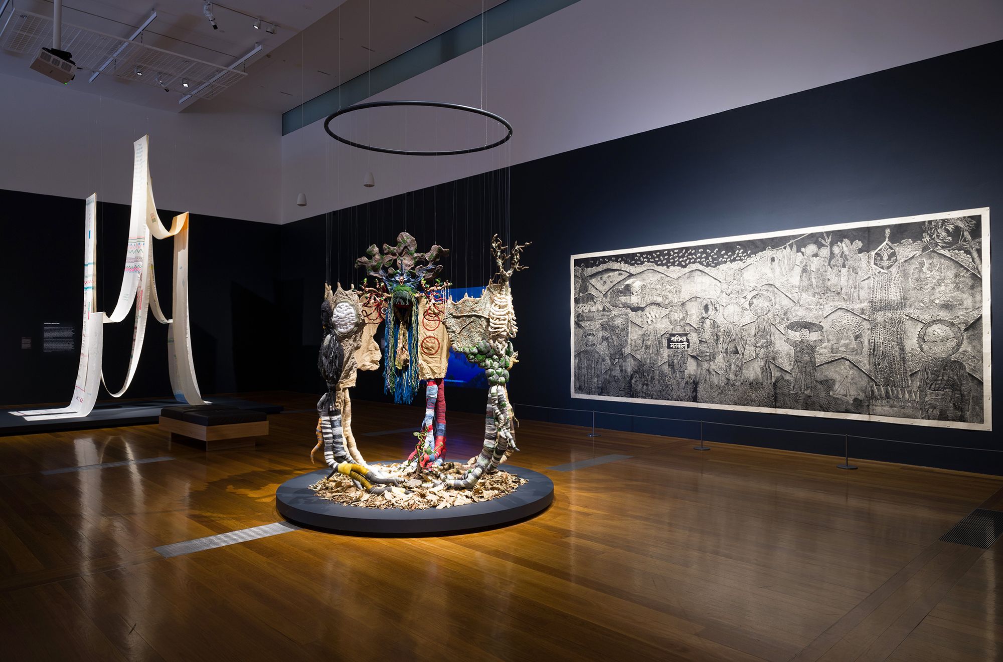 TAMBA’s installation for the ‘The 11th Asia Pacific Triennial of Contemporary Art’ features the work of Lavkant Chaudhary, Alyen Leeachum Foning, Mekh Limbu, Keepa Maskey, Jagdish Moktan, Subas Tamang and Indu Tharu / © The artists / Photograph: C Callistemon © QAGOMA
