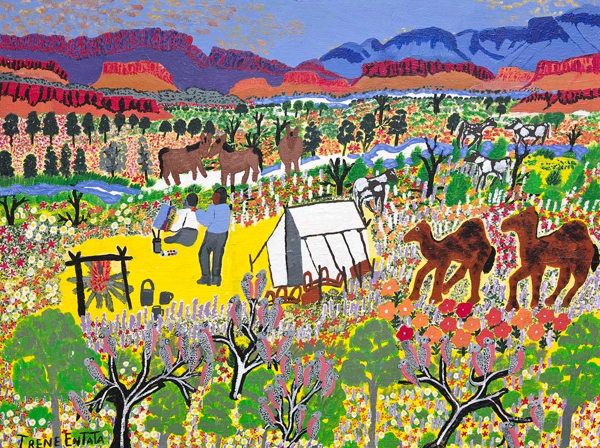 Irene Entata, Arrernte/Luritja people, Australia 1946–2014 / Albert and Rex painting 2003 / Synthetic polymer paint on linen / 90 x 120.5cm / Purchased 2003. QAG Foundation / Collection: Queensland Art Gallery | Gallery of Modern Art / © Irene Entata