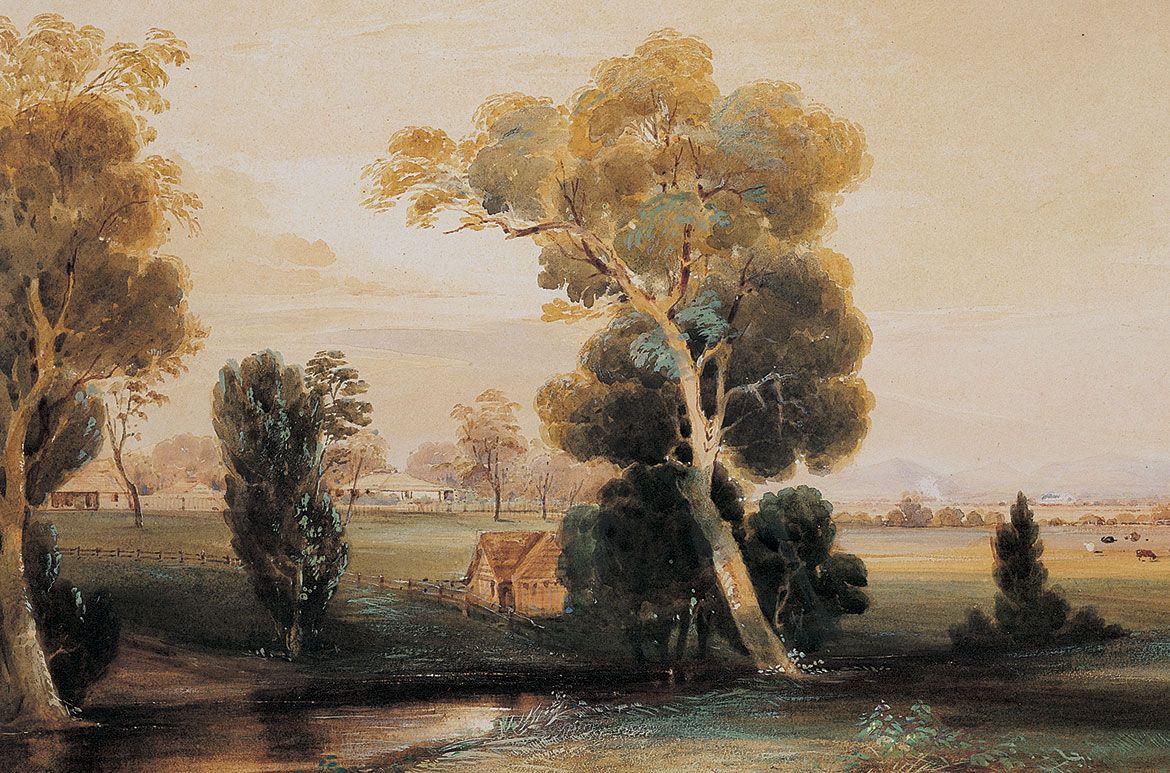 Conrad Martens, England/Australia 1801-78 / The homestead, Canning Downs 1852 / Watercolour on paper / 30.1 x 45.5cm / Purchased 1998 with funds raised through The Conrad Martens Queensland Art Gallery Foundation Appeal and with the assistance of the Queensland Government’s special Centenary Fund / Collection: Queensland Art Gallery | Gallery of Modern Art
