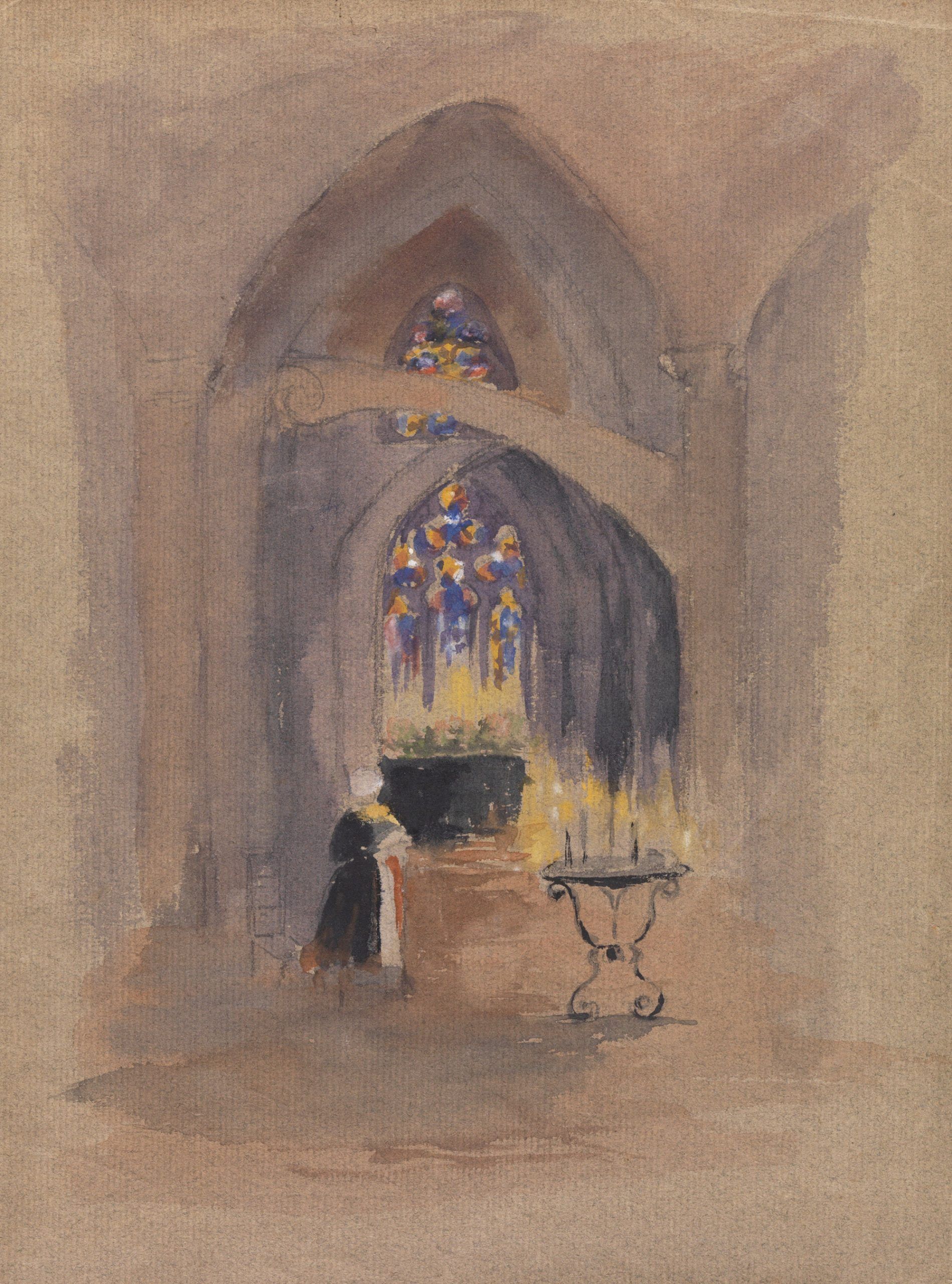Ian Fairweather, Scotland/Australia 1891–1974 / (Church interior with female figure) c.1916-18 / Pencil, watercolour, gouache and ink on grey laid paper / 30.2 x 23cm (irreg.) / Purchased 1983 with the assistance of the Philip Bacon Galleries. John Darnell Bequest / Collection: Queensland Art Gallery | Gallery of Modern Art / © Ian Fairweather/DACS/Copyright Agency