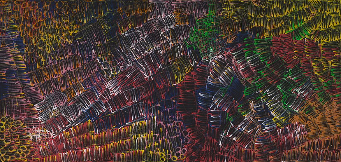 Minnie Pwerle, Anmatyerre/Alyawarr peoples, Australia c.1910 – 2006 / Awelye Atnwengerrp (Women’s ceremony from the Atnwengerrp) 2000 / Synthetic polymer paint on cotton canvas / 165.8 x 348cm / Purchased 2003. QAG Foundation / Collection: Queensland Art Gallery | Gallery of Modern Art / © Minnie Pwerle